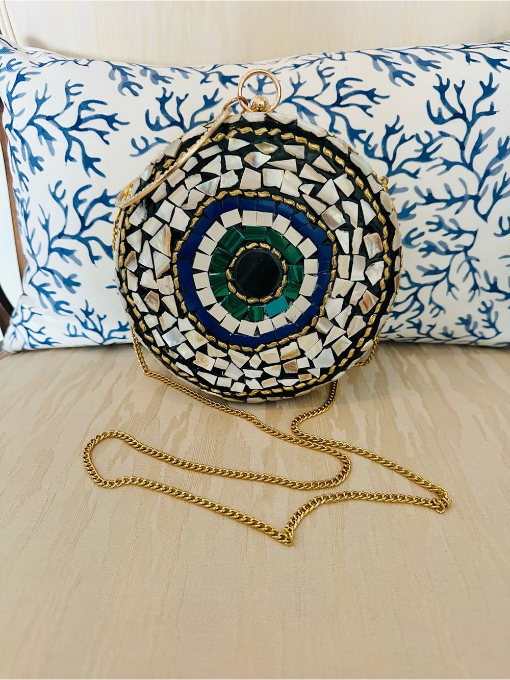 Mosaic Evil Eye Round Crossbody Bag in Black, Blue & Green